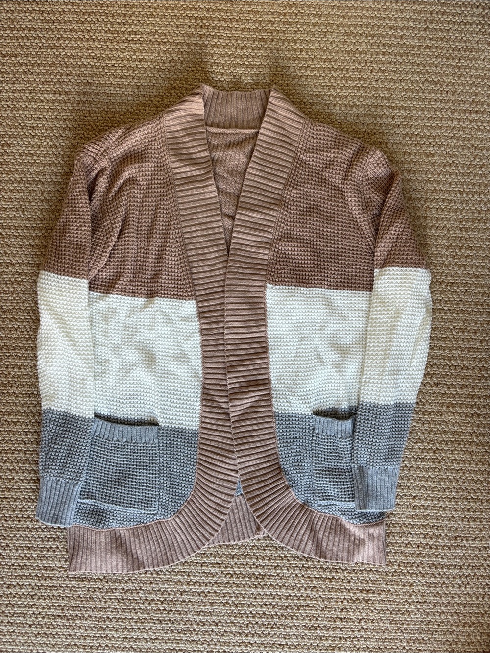 Colorblock Knit Open Cardigan in Taupe, Cream & Gray